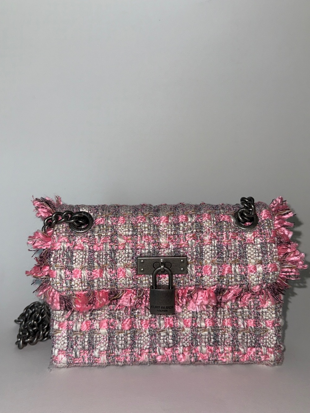 Kurt Geiger Pink and Gray Tweed Chain Shoulder Bag
